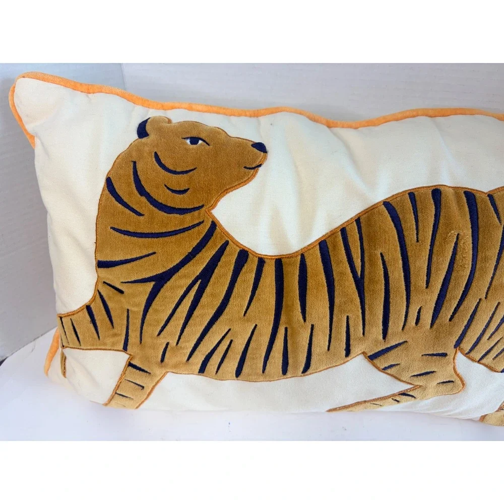 Tiger Embroidered Lumbar Throw Pillow Cream Orange Velvet Maximalist Moody